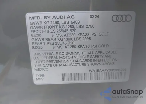 2024 Audi Q5 Sportback Premium Plus 45 Tfsi S Line Quattro S Tronic from USA, damaged, VIN WA15AAFY6R2085296